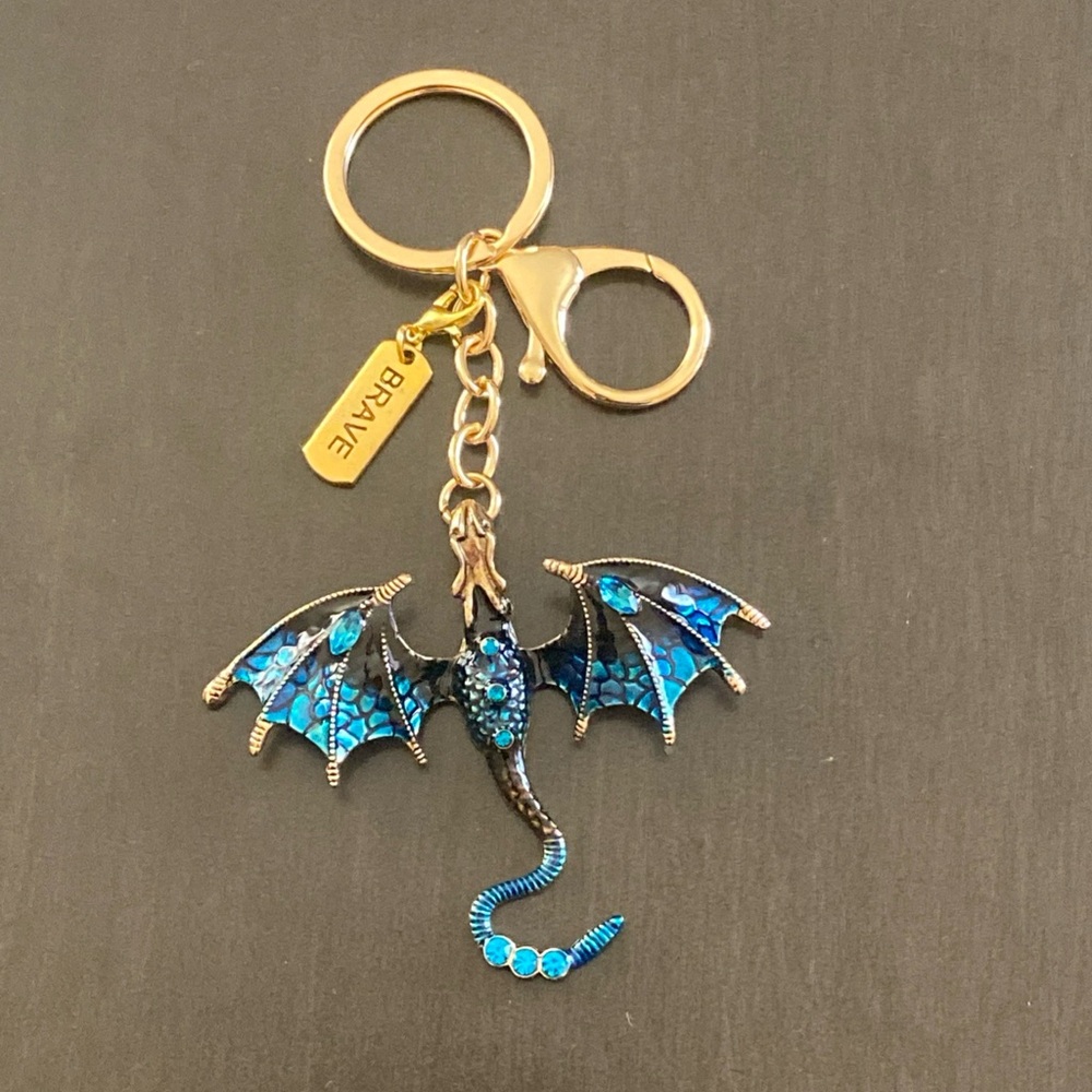 Blue Rhinestone Dragon Brave Charm Gold Tone Keychain Keyring